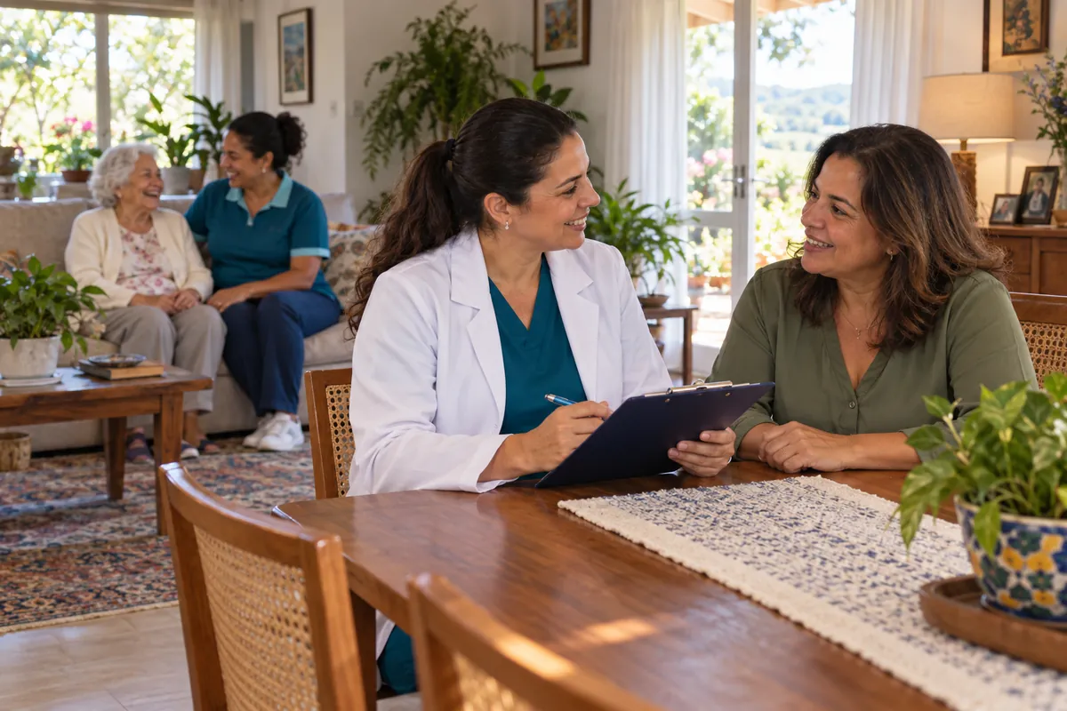 Enfermeira conversando com a filha durante a visita de acompanhamento, enquanto a mãe conversa com a cuidadora na sala de casa